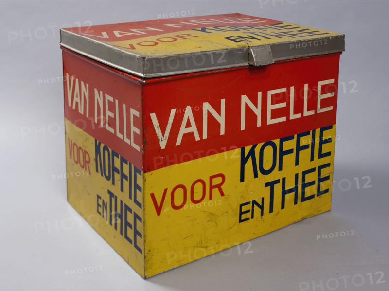 Manufacturer: Wed. J. van Nelle, Yellow and red rectangular coffee and tea tin, with hinged lid, with Van Nelle for Coffee