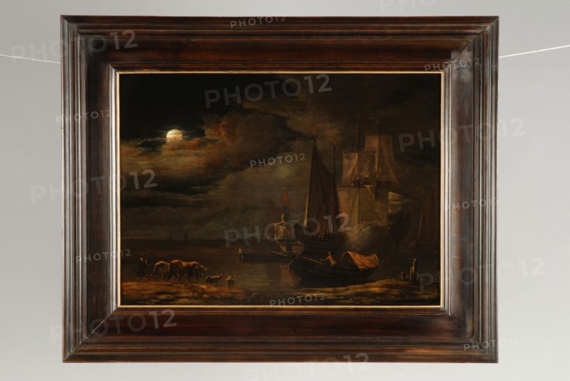 Adam Colonia, Ships along the coast by moonlight, painting visual material oil paint wood, Painting: oil on panel. Landscape