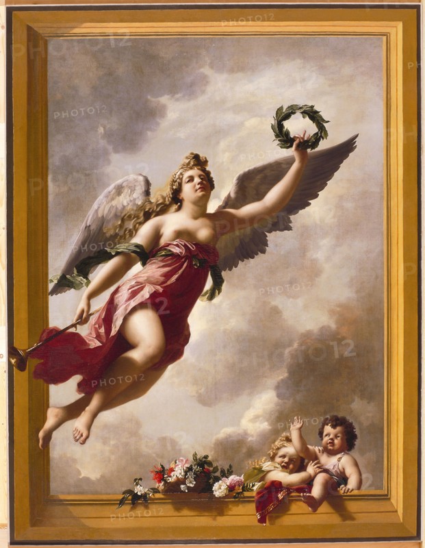 Adriaen van der Werff, Ceiling piece representing De Faam, painting visual material oil paint wood, Ceiling piece. Oil on canvas