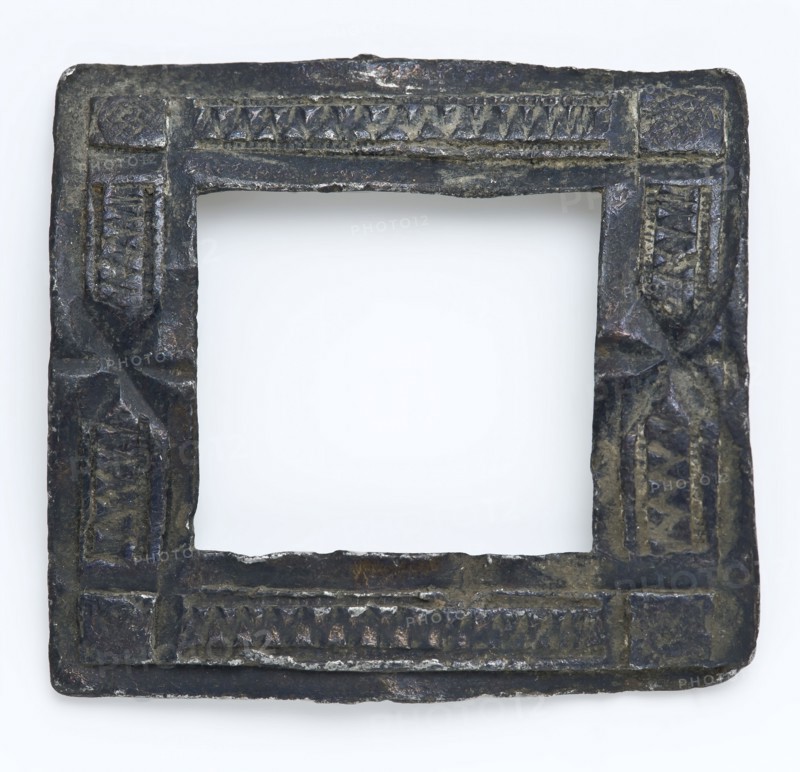 Pewter buckle, rectangular, framed relief embossed, marked, buckle fastener part soil find tin metal, cast Pewter shoe buckle