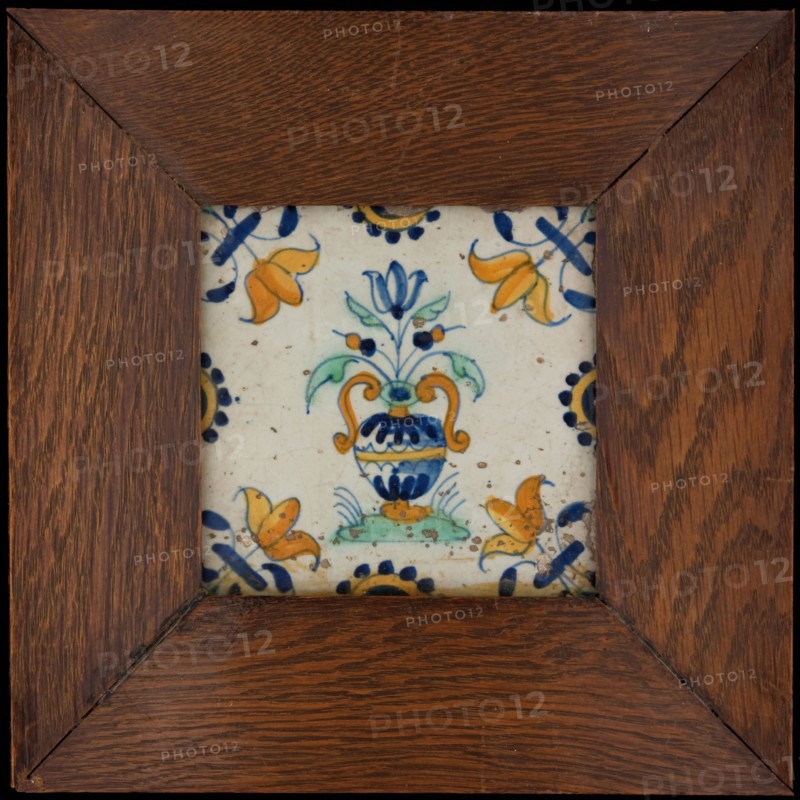 Flower tile with polychrome flowerpot, half rosettes, corner pattern lily, wall tile tile sculpture ceramic earthenware glaze