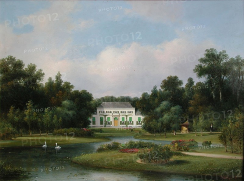Lodewijk Johannes Kleijn, View of the country house De Heuvel in the Park with pond containing two swans, landscape painting