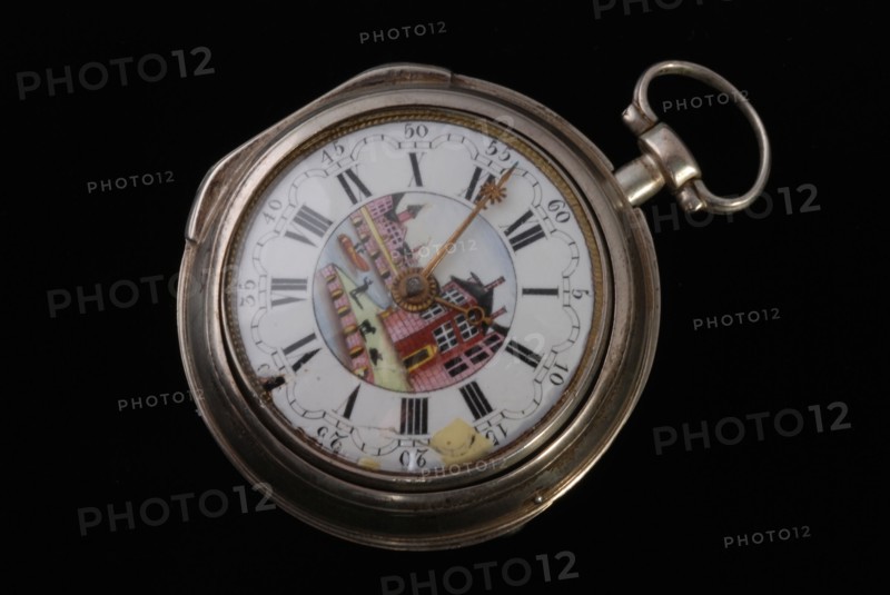 Samuel Ruel (watch), Pocket watch with enamel dial with port quay scene in color and with gold interior and exterior case