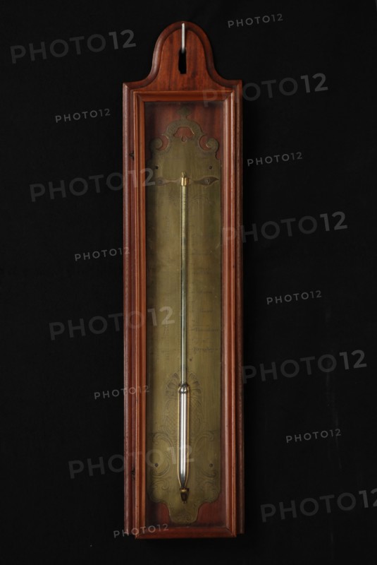 A. Reballio, Thermometer with engraved brass plate with glass thermometer tube and three different temperature scales