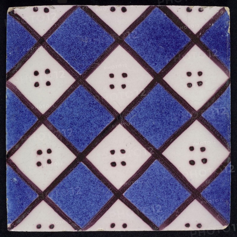 F.J. Kleyn, Ornament tile with checkerplate motif, wall tile tile sculpture ceramic earthenware glaze, baked 2x painted glazed