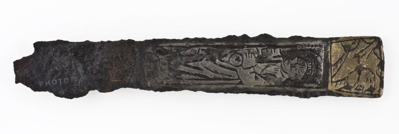 Mesheft with engraved representations of Peter and Virtue, has knife cutlery soil find copper brass tin metal, forged cast