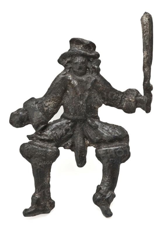 Tin soldier: man with club and phallus or attachment pin, toy relaxing tool miniature soil find tin metal, cast Tin soldier