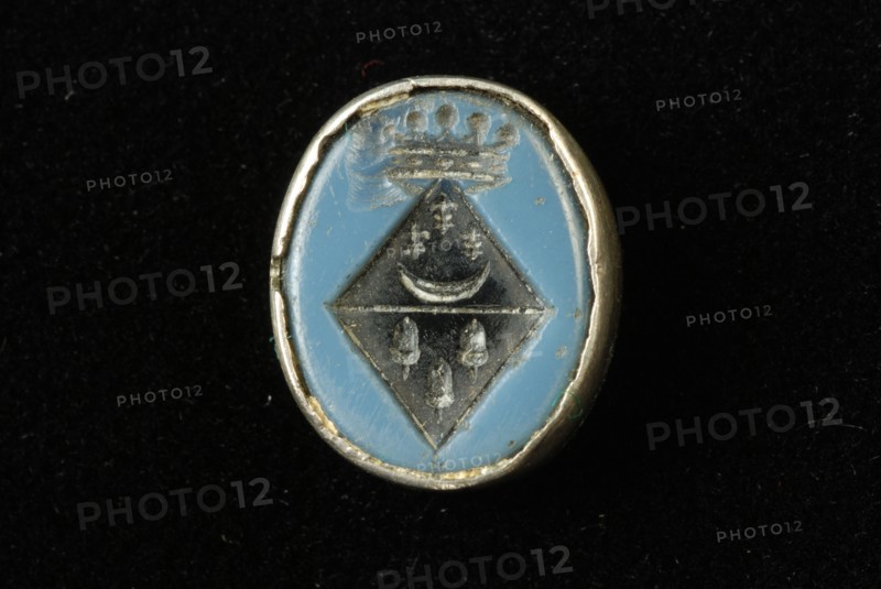 Stamp of ring with family arms, blue and black material in silver setting, signet ring ring ornament clothing accessory clothing