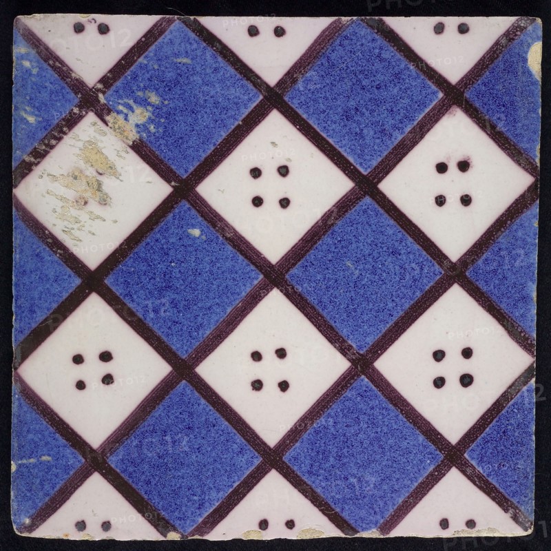 F.J. Kleyn, Ornament tile with checkerplate motif, wall tile tile sculpture ceramic earthenware glaze, baked 2x painted glazed