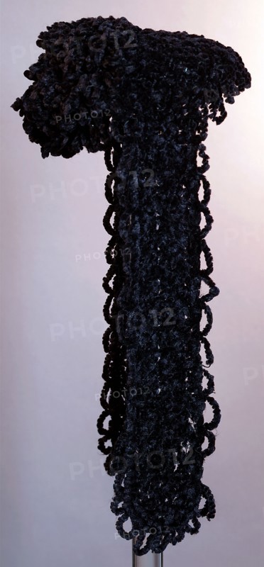Widow's hood, black chenille in loops, tufted top and long hanging slips at the side, hood hat headgear women's clothing velvet