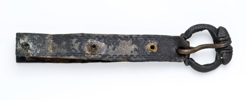 Buckle with long fastening strip, hinged buckle, clasp fastener component soil find bronze brass copper metal, archeology