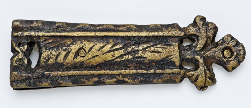 Brass tongue, elongated from two parts riveted together, engraved decoration, fitting belt clothing accessory clothing soil find