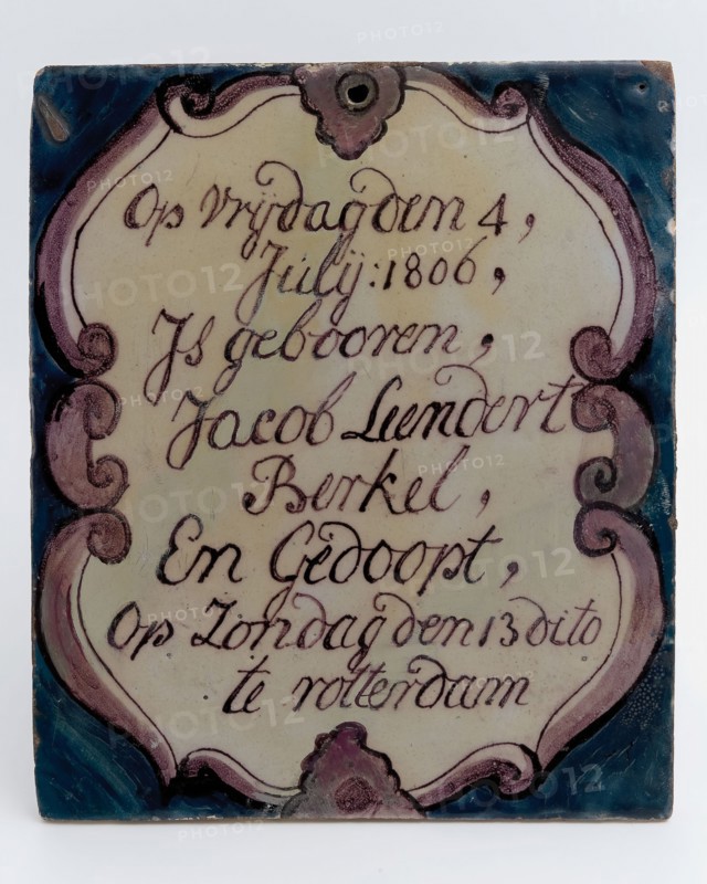 tile manufacturer: Aalmis Verwijk & Zonen, Rectangular birth tile, purple and blue on white, with ... Is Gebooren, Jacob