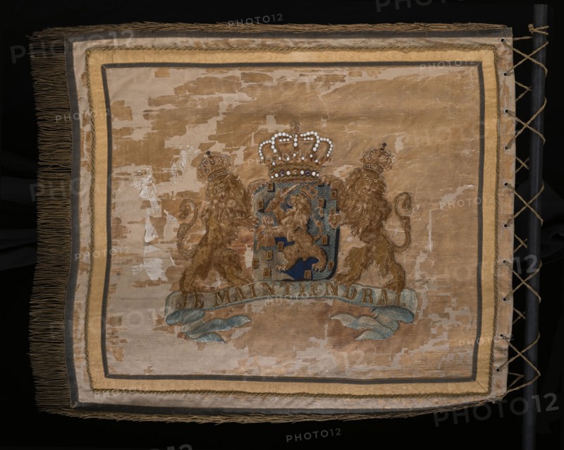 White silk banner with applications, coat of arms of Rotterdam, Everything for the Fatherland, coat of arms of the Netherlands