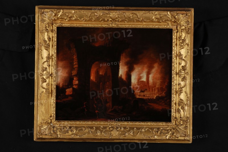 Claes Jansz. van der Willigen, The fire of Troy, with fleeing people and the horse of Troy, painting footage wood oil, Oil