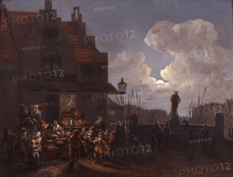 Cornelis Jansz Snellinck, Cityscape of Rotterdam, fruit market by candle and moonlight, with statue Erasmus, cityscape painting