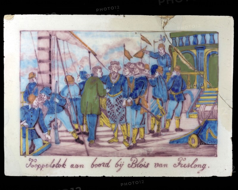 Rectangular multi-colored tile, with historical image. Dock on plate at Blois van Treslong, tile sculpture plaque ceramic