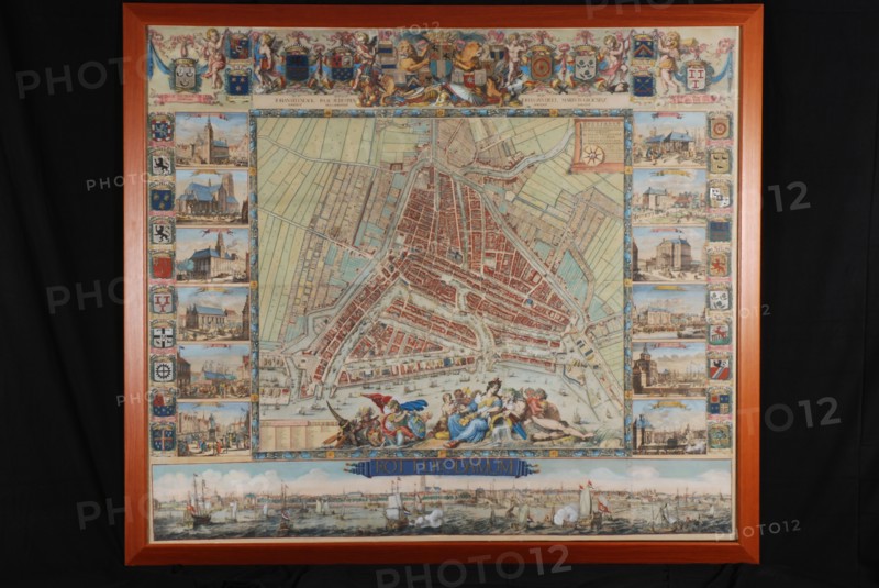 Johannes de Vou, Colored print, with frame, map of Rotterdam by Johannes de Vou, print visual material map map information form
