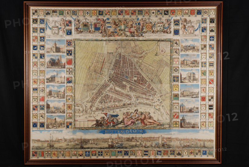 Johannes de Vou, Colored print, with frame, map of Rotterdam by Johannes de Vou, print visual material map map information form