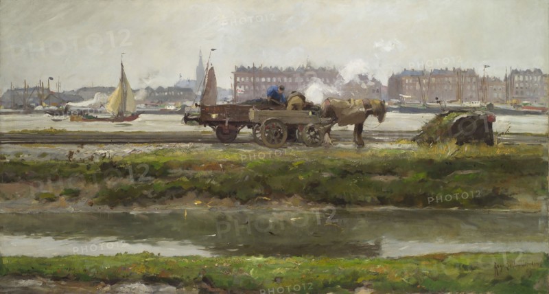 August Willem van Voorden, Unloading train wagon along the Nieuwe Maas, cityscape painting visual material oil paint linen wood