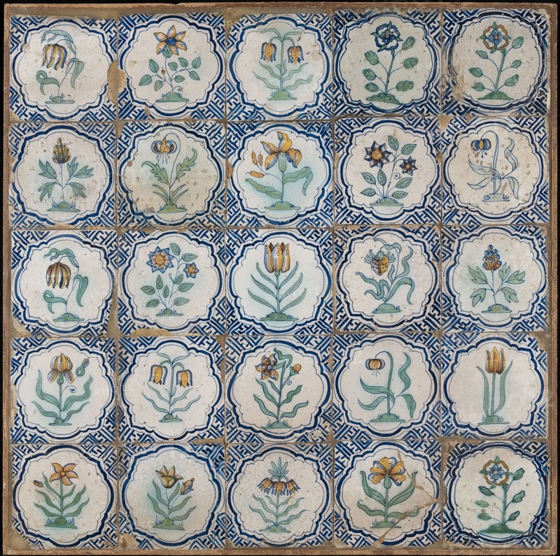 Tile field of 25, five high, five wide; flowers, including tulip, daffodil, blue grape, fritillary, on ground, corner motif