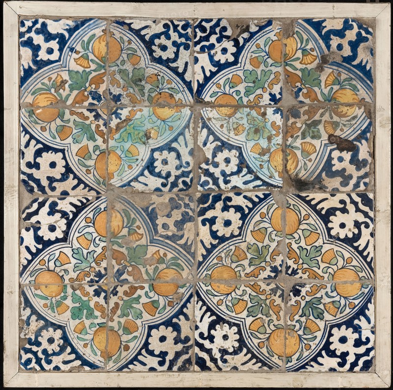 Tile field four high, four wide, parqueted, pompadourtegel, flower, orange, corner motif palmet, tile field wall tile