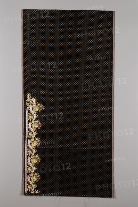 Uncut jacket of aubergine velvet embroidered with floral motifs: embroidered on velvet in five parts