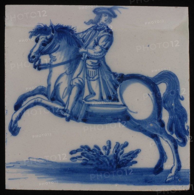 Jan Aalmis sr., Tile, blue on white, with an image of jumping rider, wall tile tile sculpture ceramic earthenware glaze, baked
