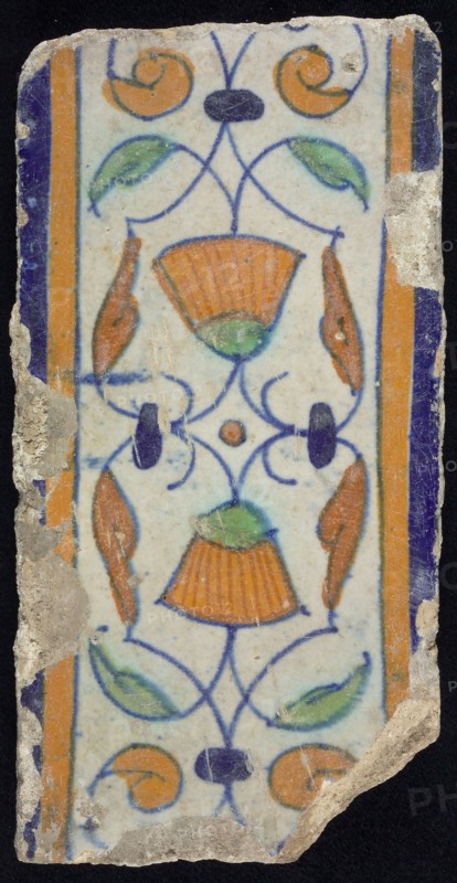 Border tile, flower decoration in blue, yellow and green, upper and lower edge blue and yellow, border tile wall tile tile