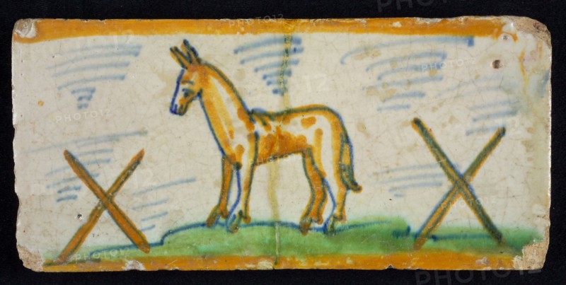 Border tile, donkey on grass with fence, edge tile wall tile tile sculpture ceramic earthenware glaze, in shape made baked