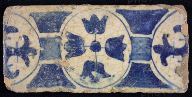 Border tile, blue, decoration with circles and flowers, edge tile wall tile tile sculpture ceramic earthenware glaze, baked 2x
