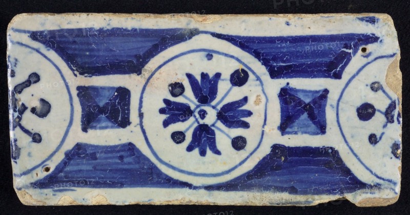 Border tile, blue, decoration with circles and flowers, edge tile wall tile tile sculpture ceramic earthenware glaze, baked 2x