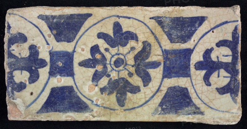 Border tile, blue, decoration with circles and flowers, border tile wall tile tile sculpture ceramic earthenware glaze, baked 2x
