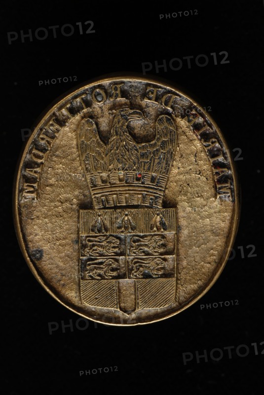 Copper ink stamp of the Rotterdam mairie with the weapon donated by Napoleon I, ink stamp stamp equipment copper, total h 2.2