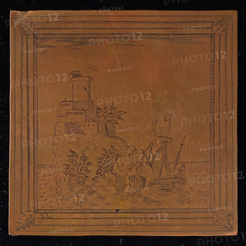 Copper cliché with ship and tower on rock, cliché printing equipment copper, engraved Red copper plate with three-master