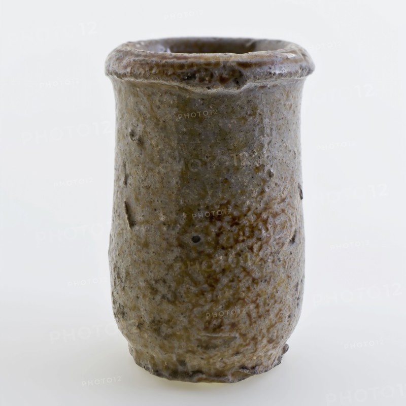 Stoneware ointment jar, white shard, entirely glazed in gray with occasional brown speckles, ointment jar pot holder soil find