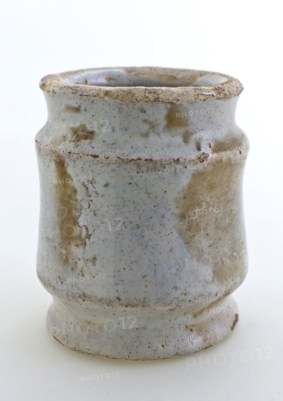 Pottery ointment jar, cylindrical model with constrictions, entirely glazed in white, ointment jar pot holder soil find ceramic