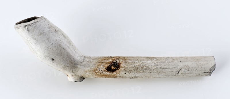 White clay pipe, marked, with smooth handle, clay pipe smoking equipment smoke floor pottery ceramics pottery, hand molded baked