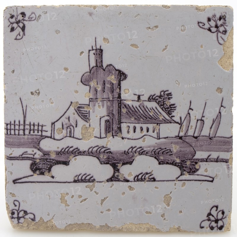 Scene tile, lighthouse, manganese decor on white ground, corner fill spider, wall tile tile footage earth discovery ceramics