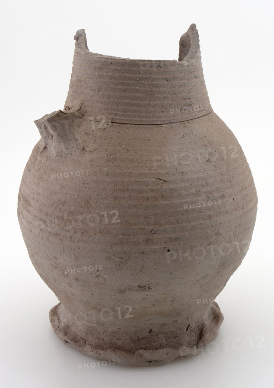Fragment stoneware jug, sphere model with wide vertical ear, on squeeze foot, can crockery holder soil find ceramic stoneware