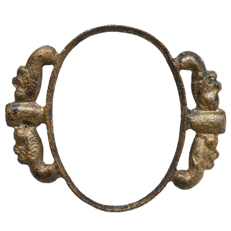 Brass oval, wire-shaped with ornaments, artifact soil found brass metal, cast Copper oval Side edged ornaments with hole