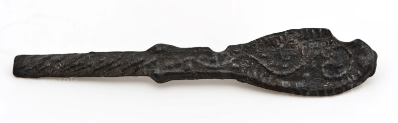 Stalk of small tin spoon, embossed with rope motif and curled tendrils, teaspoon table spoon equipment ground find tin metal