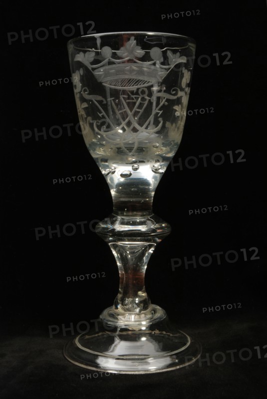 Chalice glass engraved with monogram and year 1782, wine glass drinking glass drinking utensils tableware holder glass, free