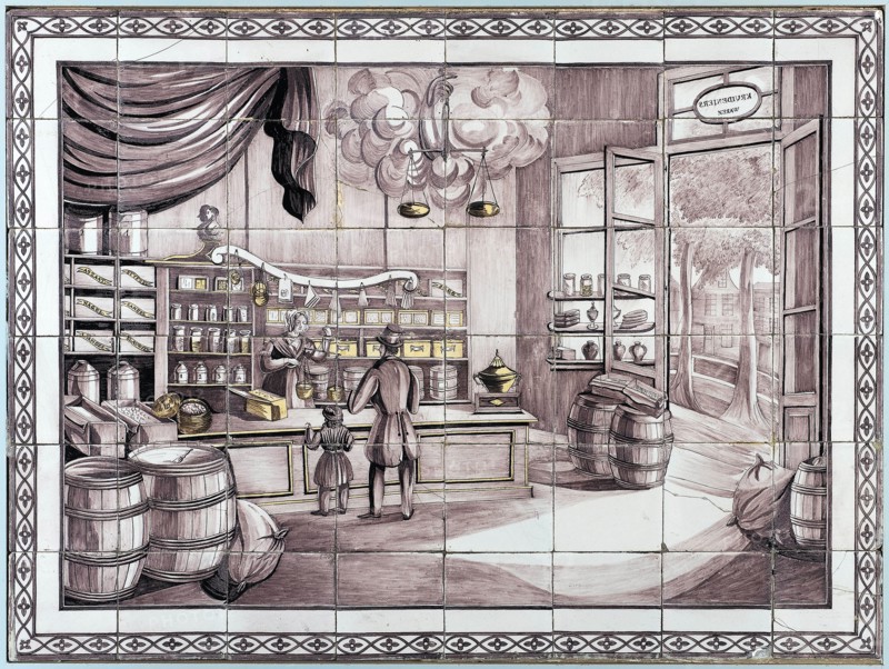 Van Traa, Purple tile tableau, interior of grocery store, tile picture material ceramics earthenware glaze wood, baked 2x glazed