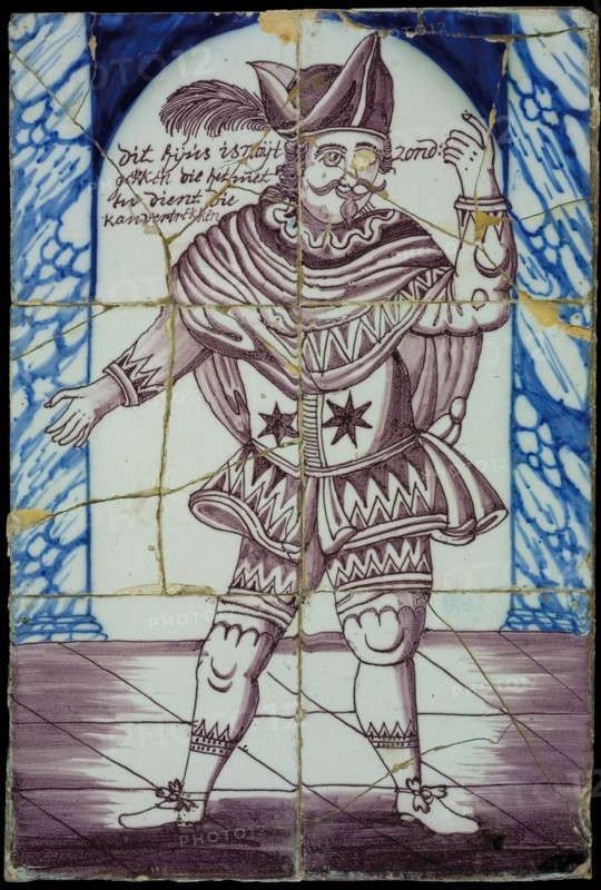 Tile panel, six tiles, purple and blue on white, with jester and This is not matter of sin: lunatics who do not