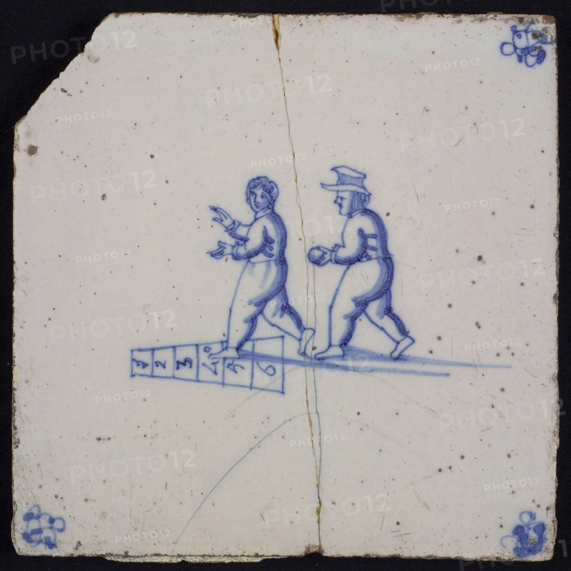 Scene tile, double child's play, hopscotch, corner motif spider, wall tile tile sculpture ceramics pottery glaze, baked 2x