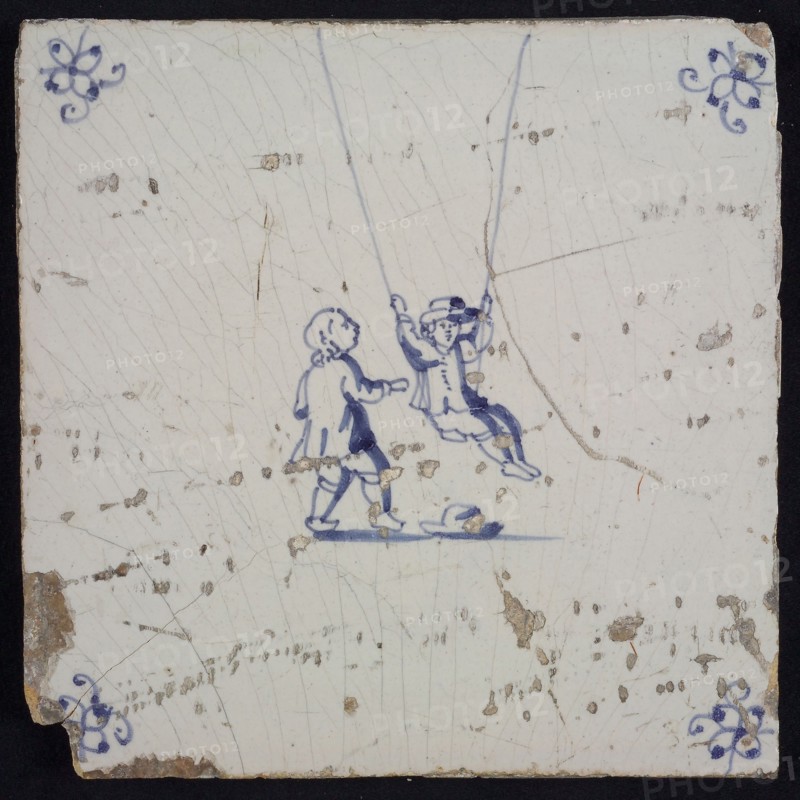 Scene tile, double child's play, rocking, corner motif spider, wall tile tile sculpture ceramic earthenware glaze tin glaze