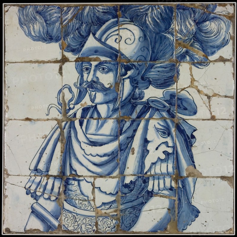 Blue tile picture, the Roman warrior Hannibal with plumed helmet, tile picture material ceramics pottery glaze metal, baked 2x