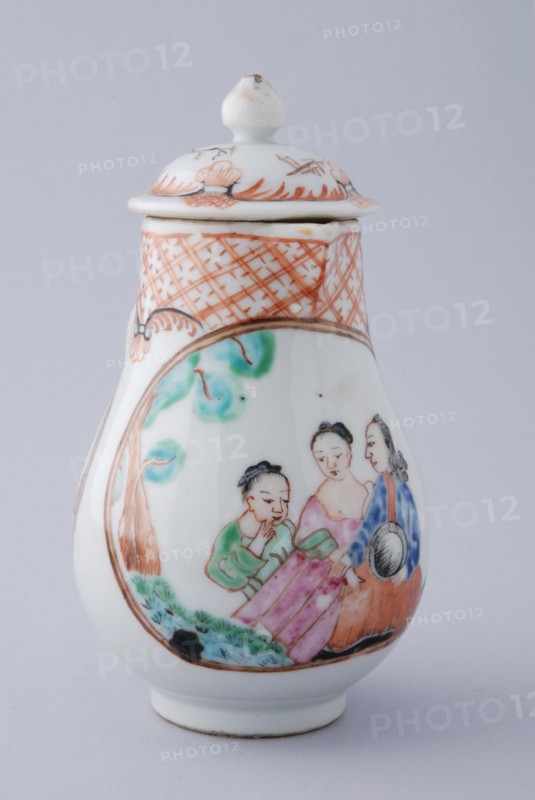 White milk jug with woman, man and child, five figures in landscape and on lid landscape, milk jug holder tableware ceramics