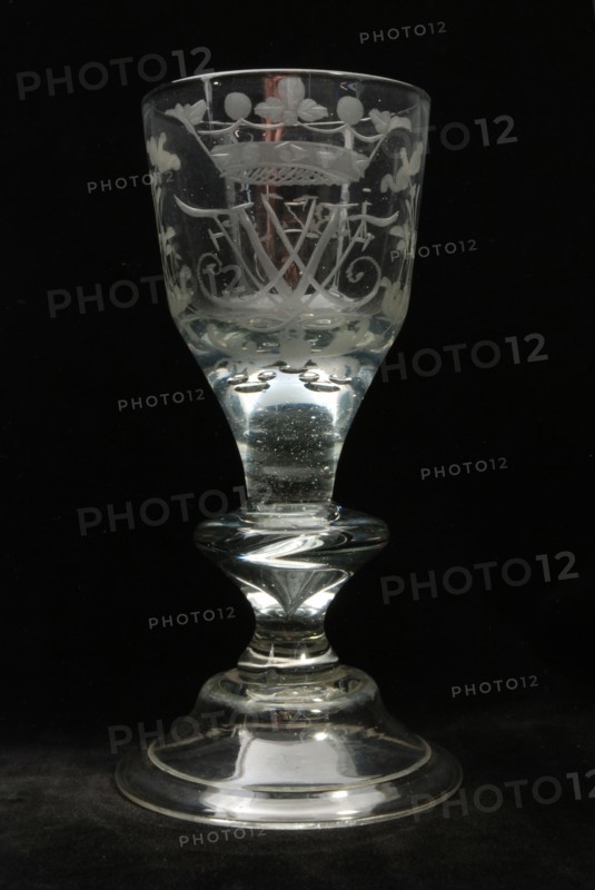 Chalice glass engraved with monogram and year 1782, wineglass drinking glass drinking utensils tableware holder glass, free